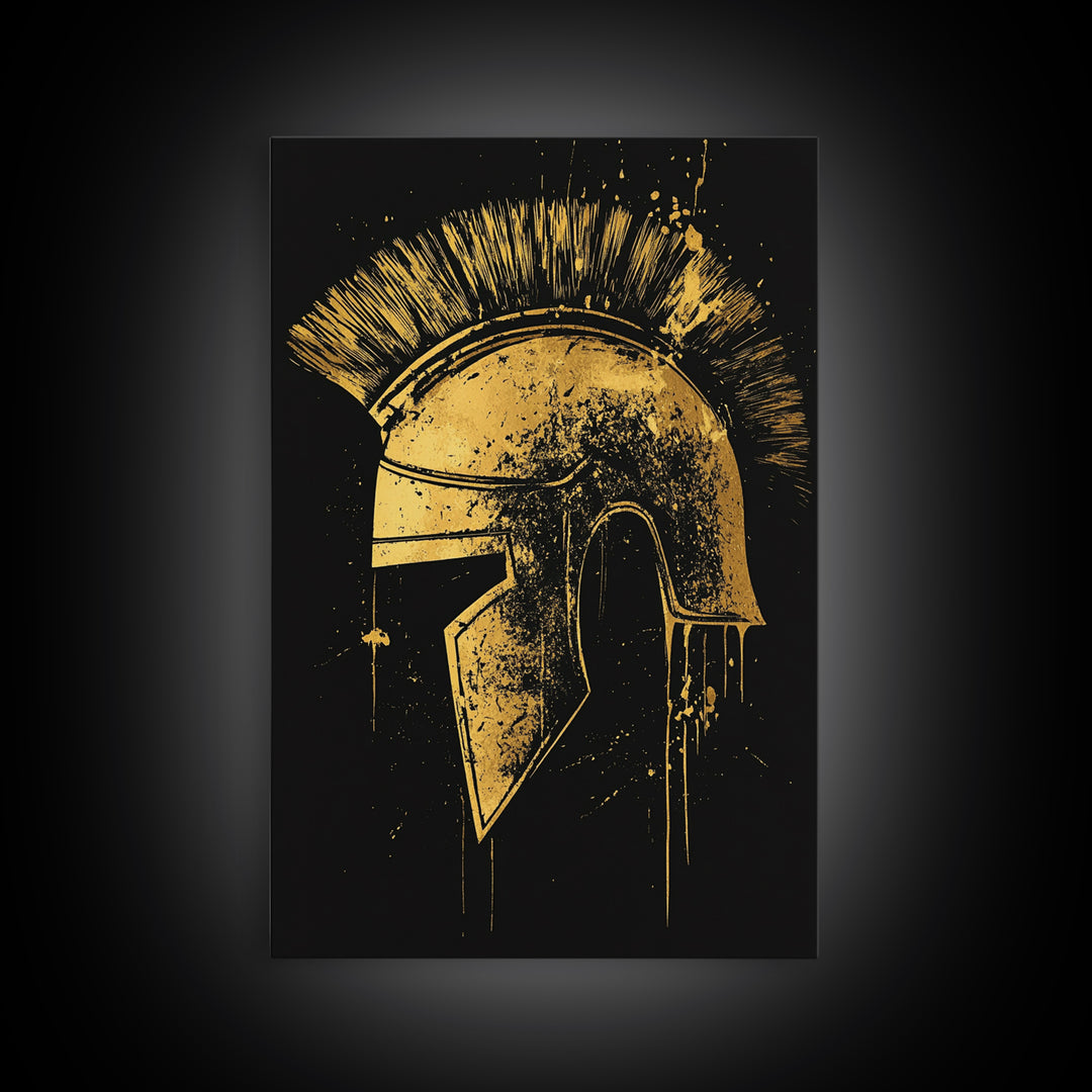 Spartan Helmet Illustration, Canvas Gold Canvas Print, Ancient Warrior Wall Art, Real Wood Framed Mythology Decor