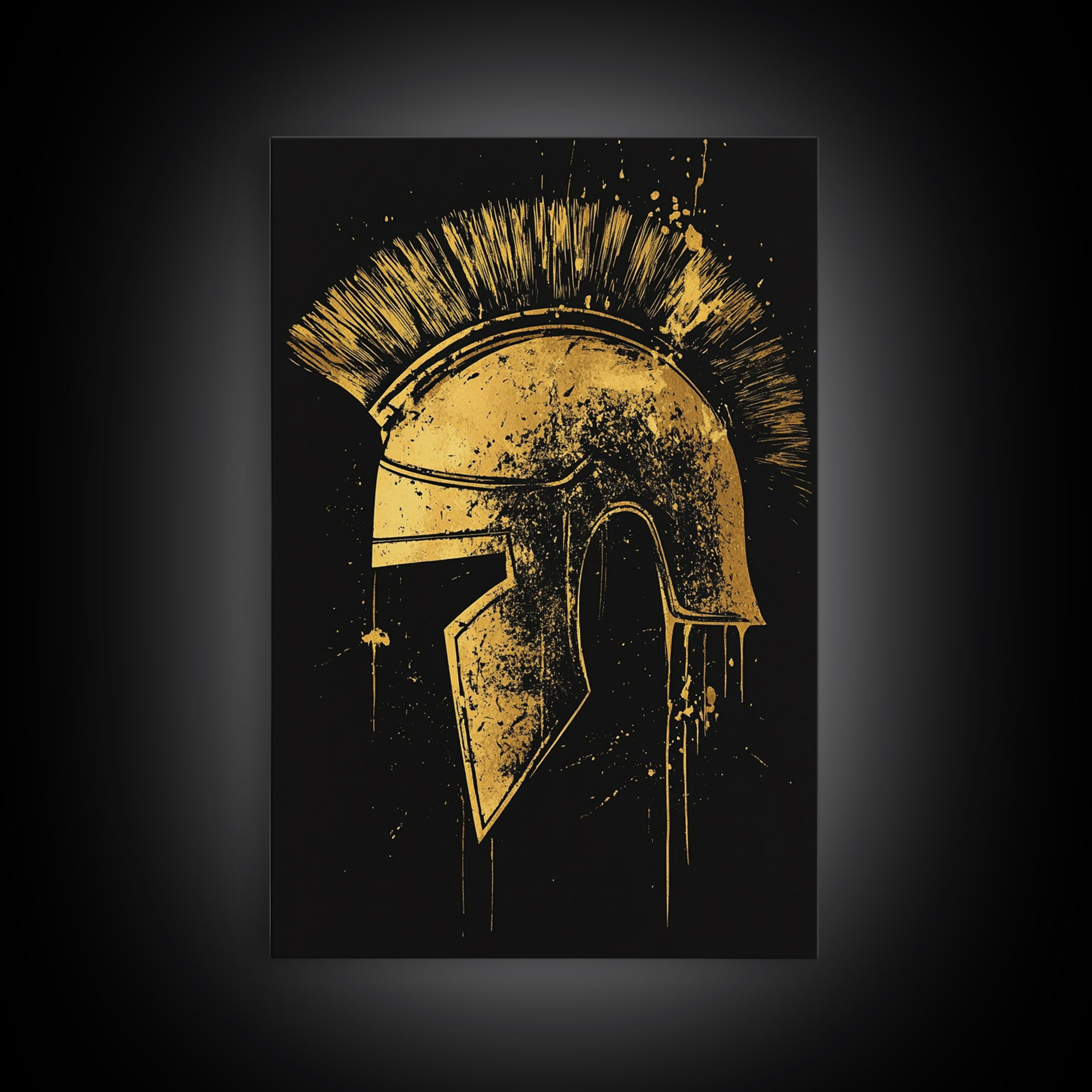 Spartan Helmet Illustration, Canvas Gold Canvas Print, Ancient Warrior Wall Art, Real Wood Framed Mythology Decor