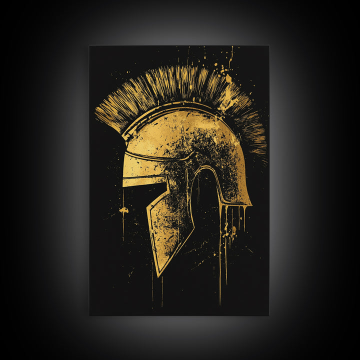 Spartan Helmet Illustration, Canvas Gold Canvas Print, Ancient Warrior Wall Art, Real Wood Framed Mythology Decor