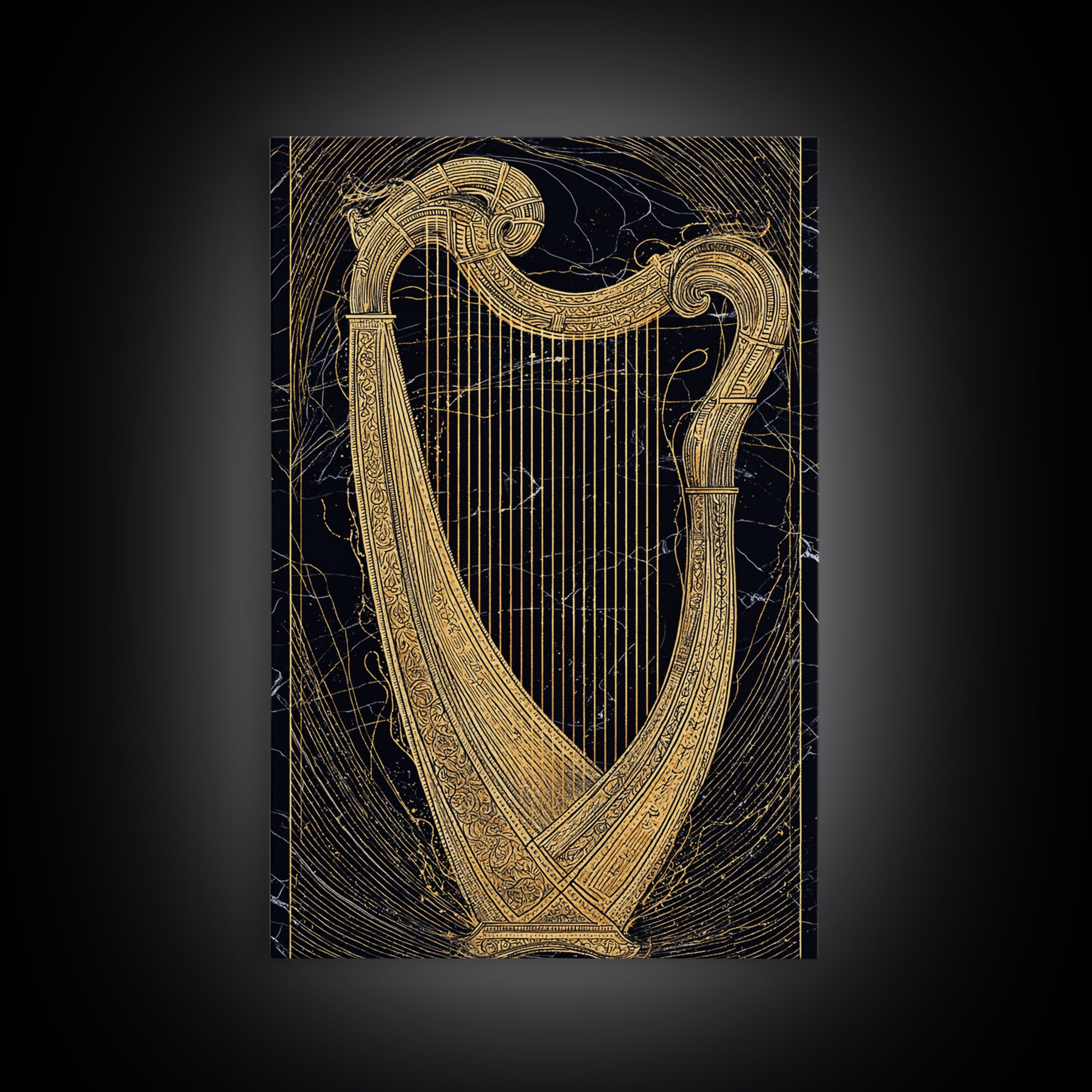 Golden Harp on Marble with Ornamental Lines – Canvas Gold Art, Canvas Art in Real Wood Frame, Classical Music Instrument Decor