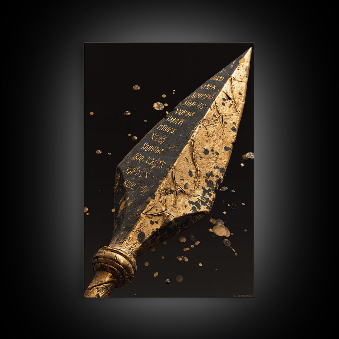 Inscribed Greek Spearhead in Motion Splash – Canvas Gold Art, Warrior Weapon Real Wood Framed Canvas Art, Spartan Weapon Decor