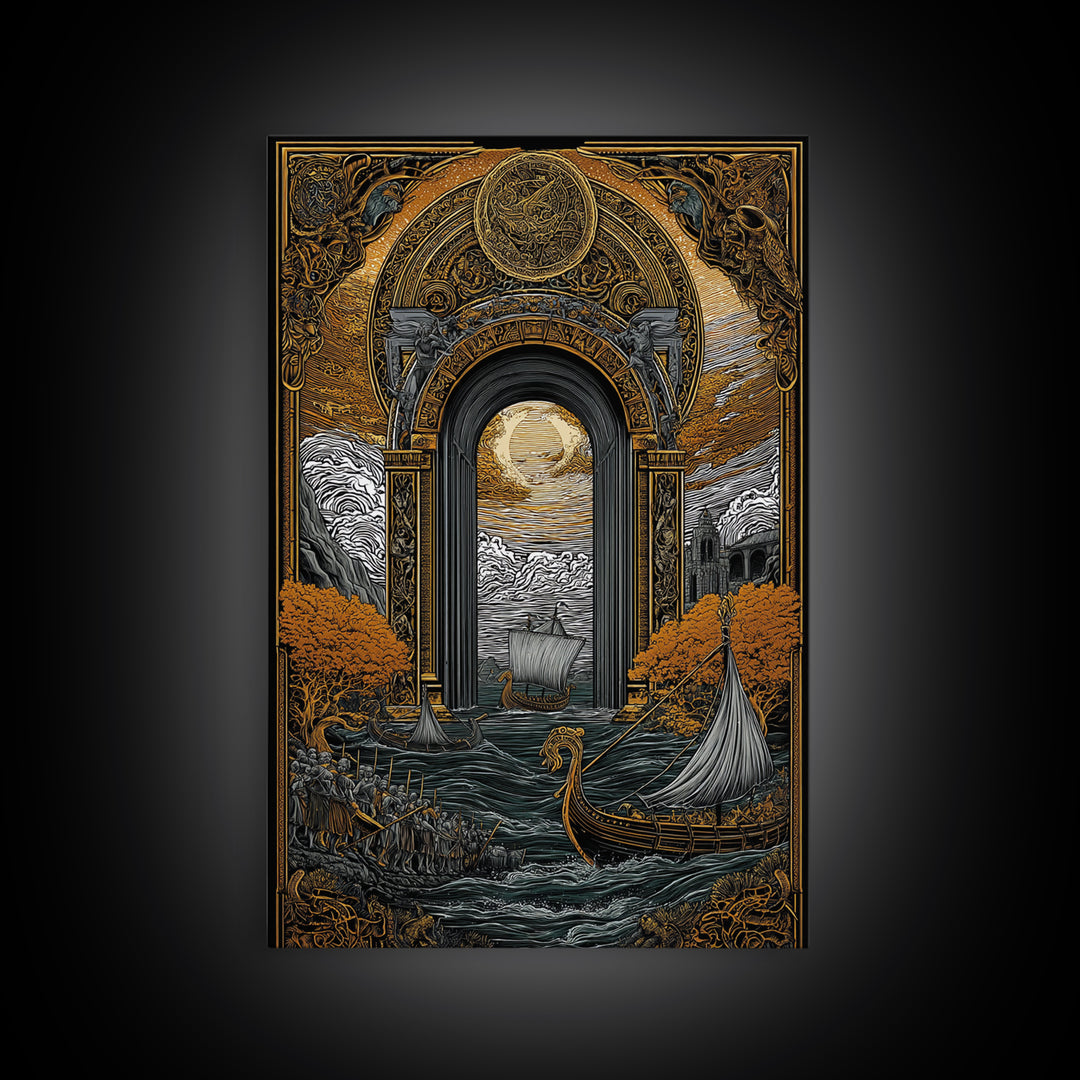 Viking Longships Through Mythic Gate – Canvas Gold Art, Epic Seafaring Canvas Art in Real Wood Frame, Norse Voyage Wall Print