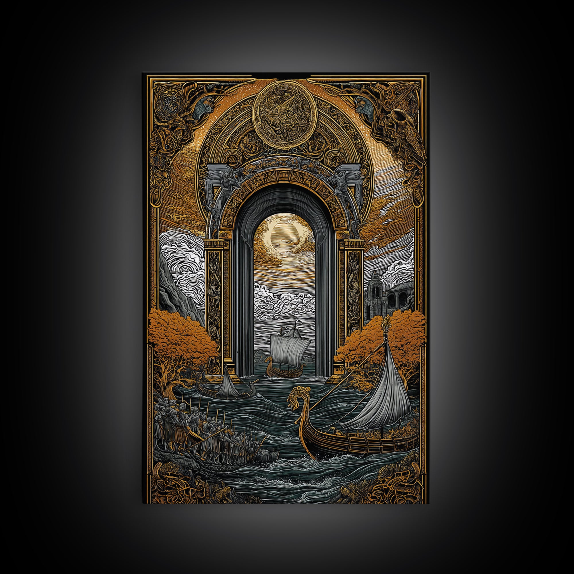 Viking Longships Through Mythic Gate – Canvas Gold Art, Epic Seafaring Canvas Art in Real Wood Frame, Norse Voyage Wall Print