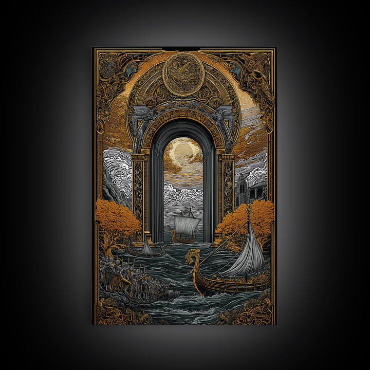 Viking Longships Through Mythic Gate – Canvas Gold Art, Epic Seafaring Canvas Art in Real Wood Frame, Norse Voyage Wall Print