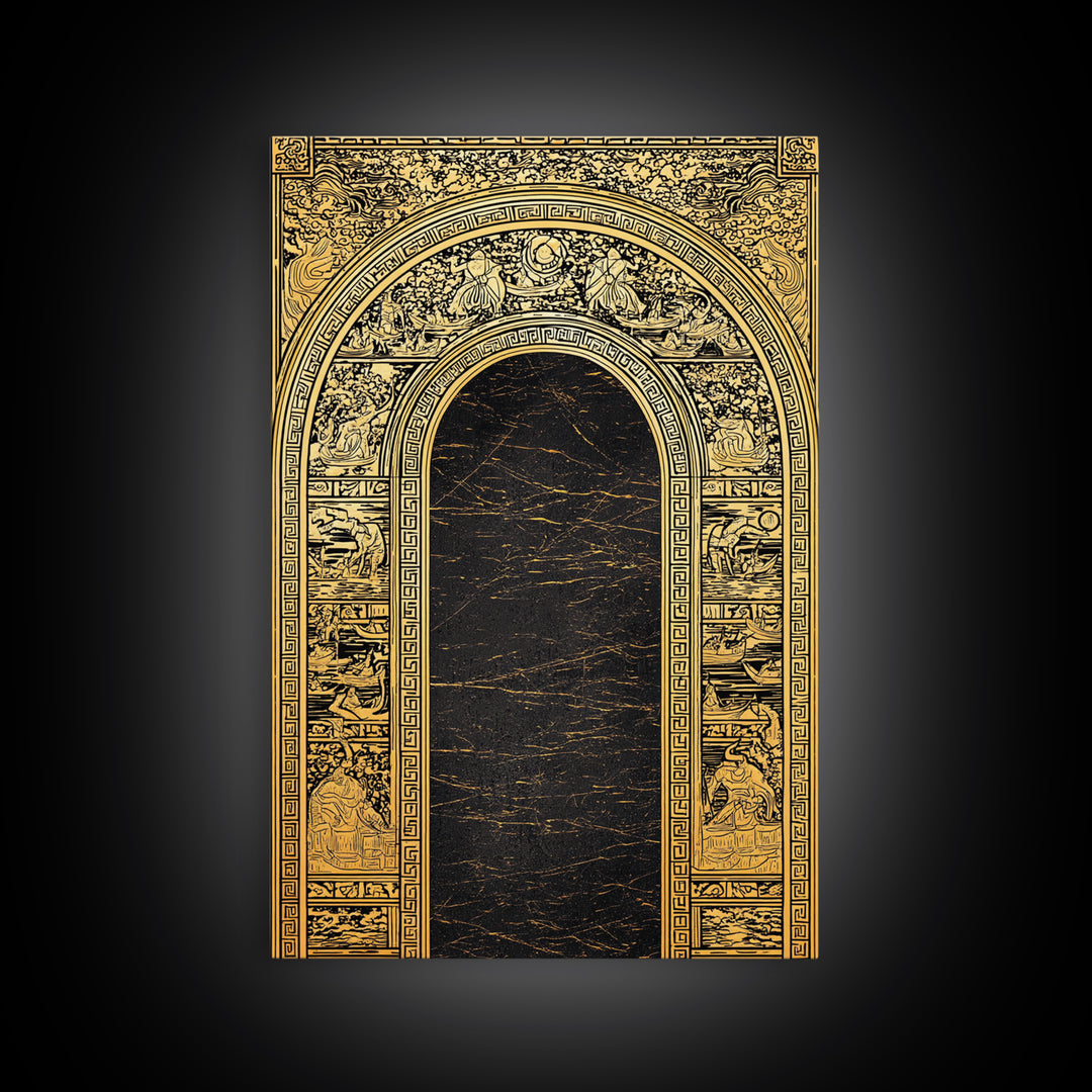 Ancient Greek Archway with Myth Scenes – Canvas Gold Art, Classical Panel Canvas Art with Real Wood Frame, Temple Wall Decor