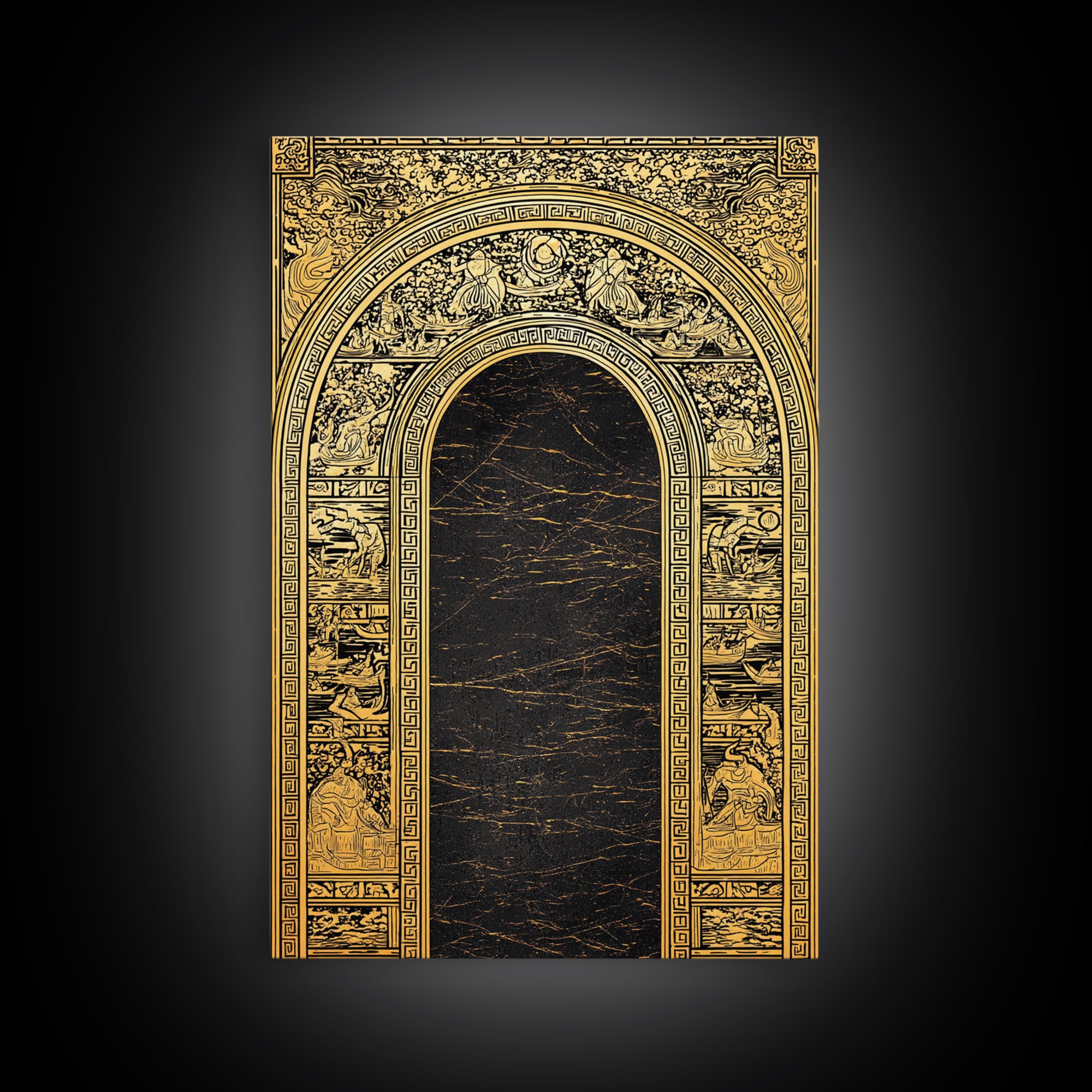 Ancient Greek Archway with Myth Scenes – Canvas Gold Art, Classical Panel Canvas Art with Real Wood Frame, Temple Wall Decor