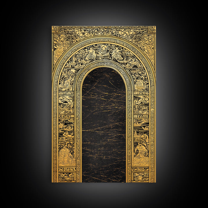 Ancient Greek Archway with Myth Scenes – Canvas Gold Art, Classical Panel Canvas Art with Real Wood Frame, Temple Wall Decor