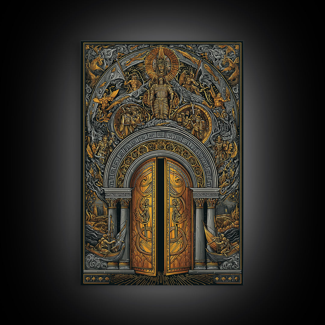 Byzantine Portal of Angels and Kings – Canvas Gold Art, Medieval Religious Canvas Art in Real Wood Frame, Sacred History Wall Art