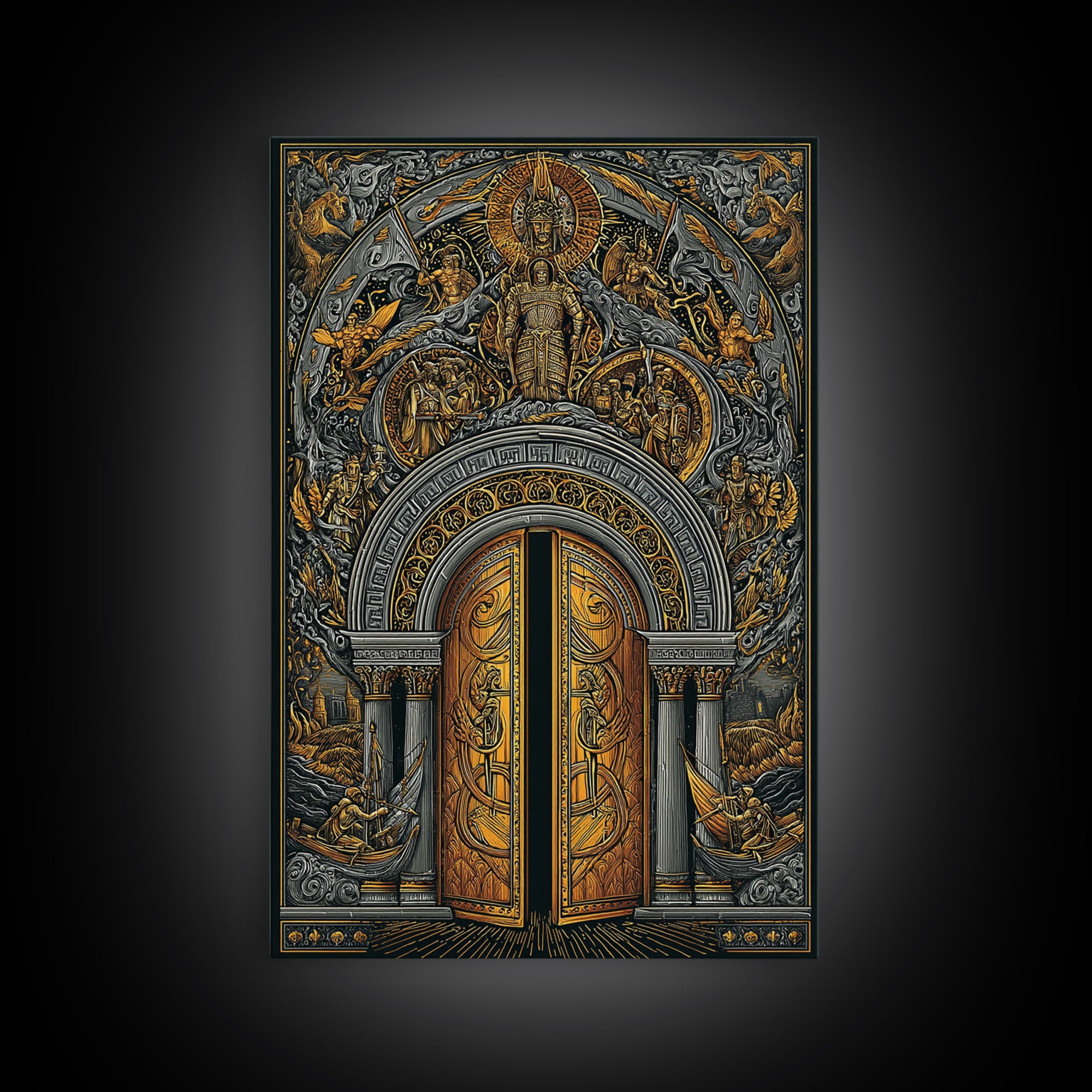 Byzantine Portal of Angels and Kings – Canvas Gold Art, Medieval Religious Canvas Art in Real Wood Frame, Sacred History Wall Art
