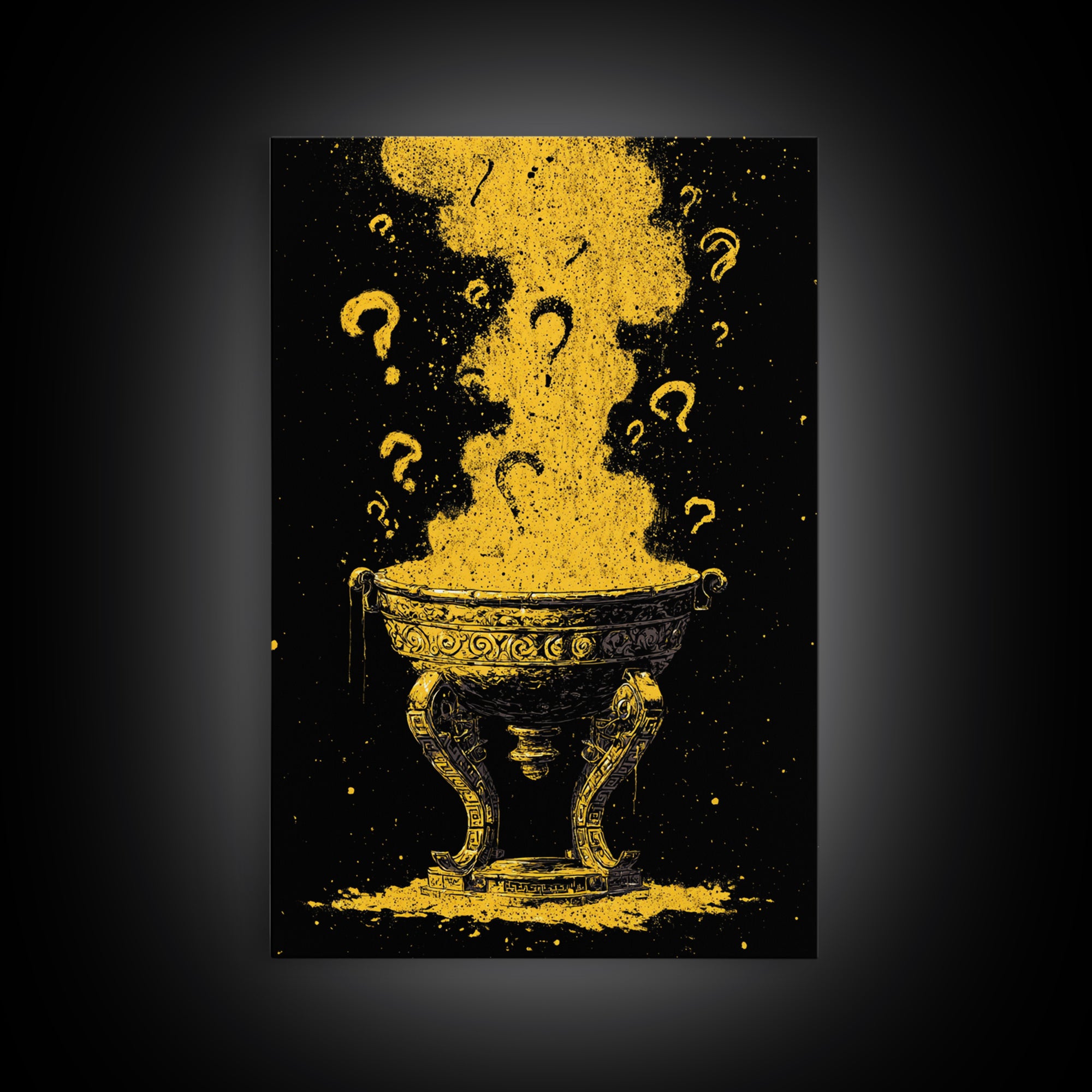 Golden Oracle Bowl with Rising Smoke – Canvas Gold Art, Mystical Ritual Canvas Art Framed in Real Wood, Ancient Prophecy Decor