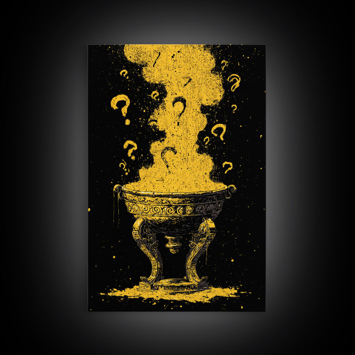 Golden Oracle Bowl with Rising Smoke – Canvas Gold Art, Mystical Ritual Canvas Art Framed in Real Wood, Ancient Prophecy Decor