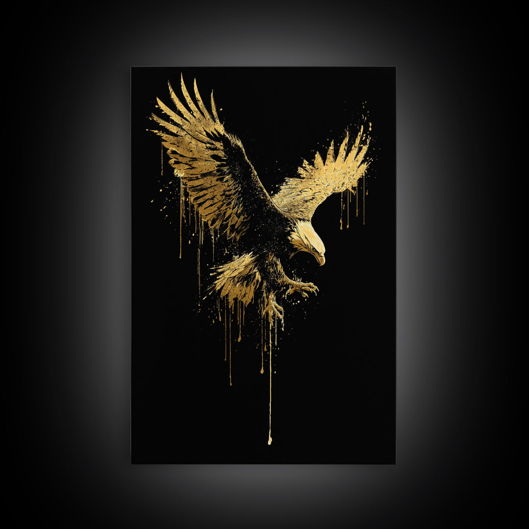 Flying Gold Splatter Eagle in Mid-Descent – Canvas Gold Art, Real Wood Framed Canvas Art, Dynamic Bird of Prey Wall Statement