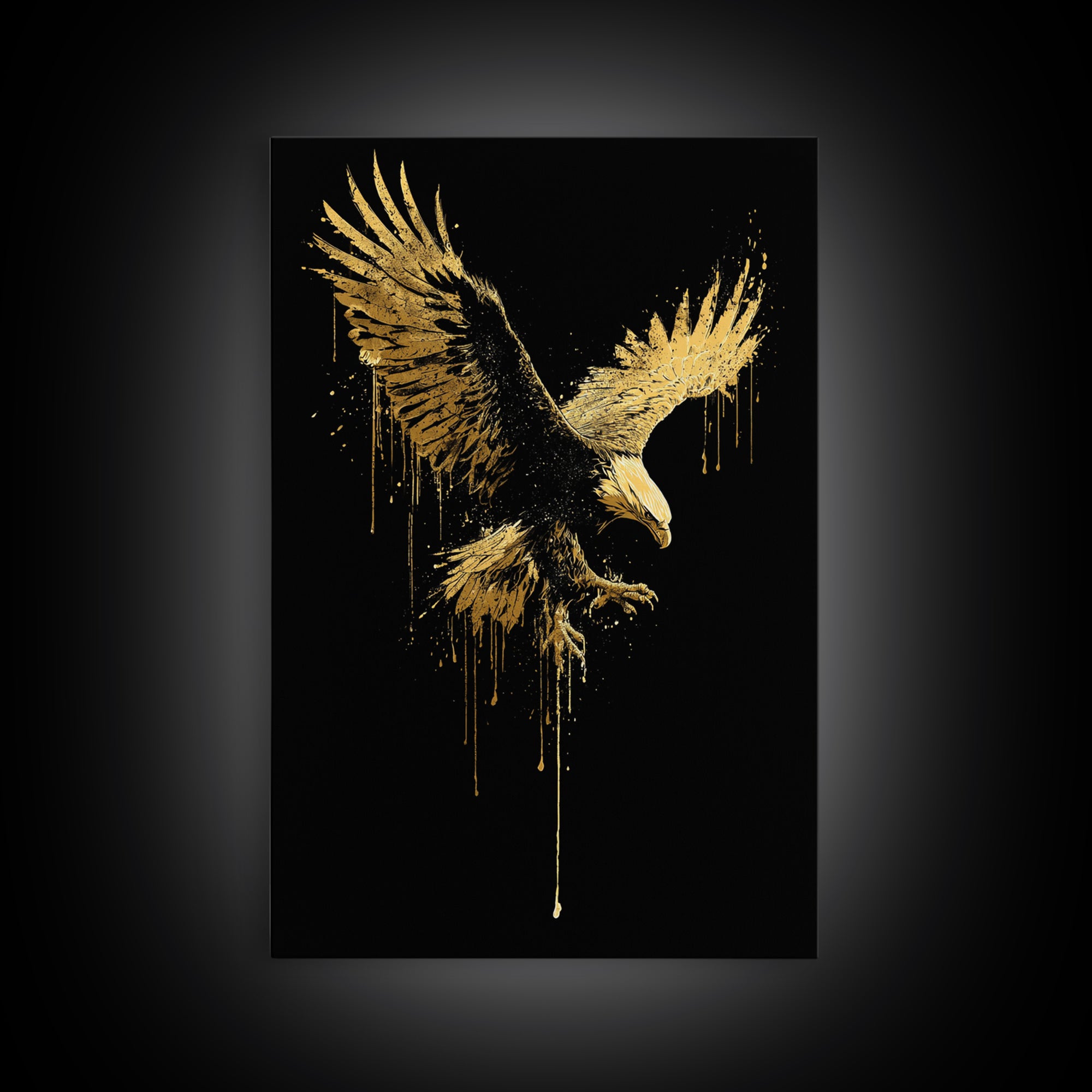Flying Gold Splatter Eagle in Mid-Descent – Canvas Gold Art, Real Wood Framed Canvas Art, Dynamic Bird of Prey Wall Statement
