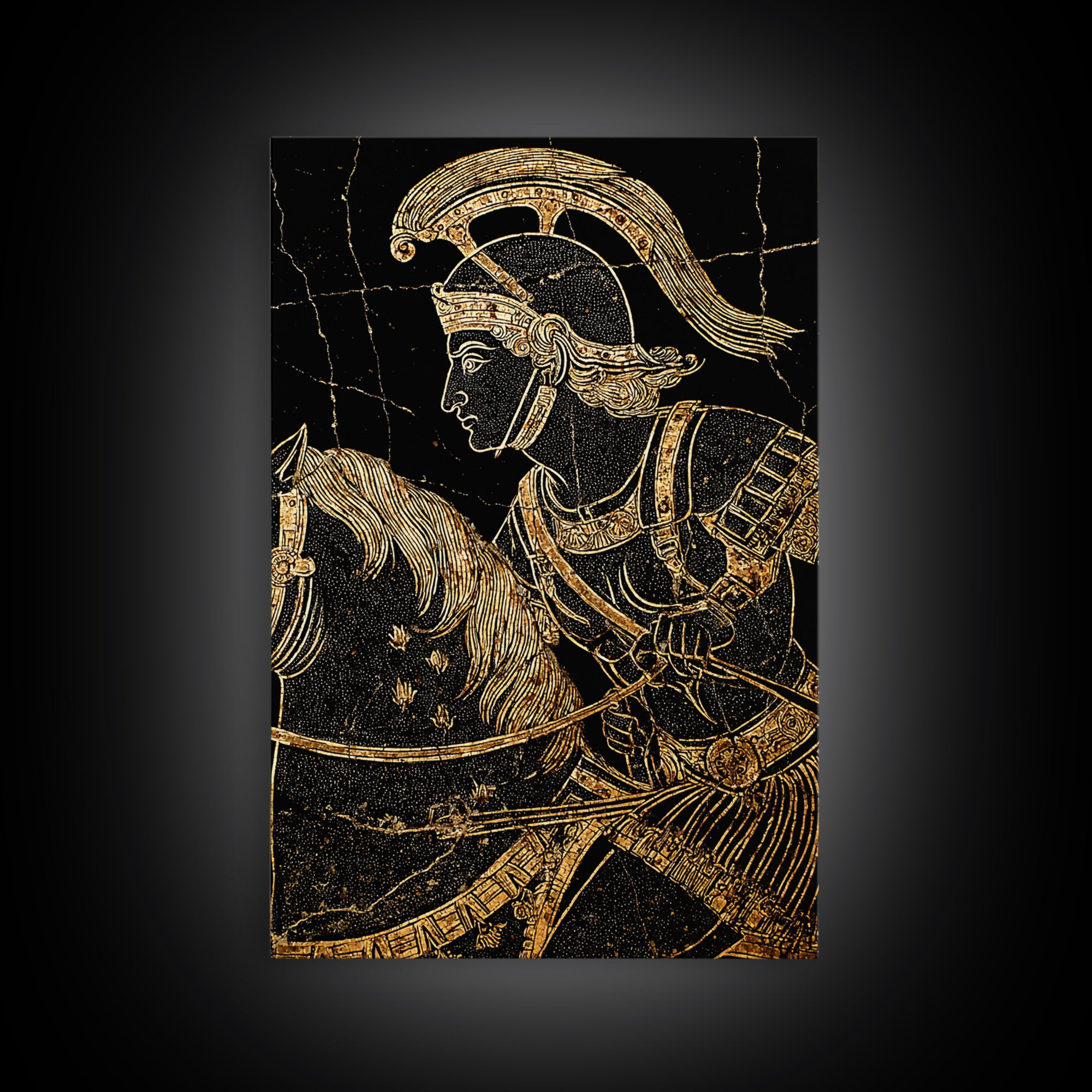 Ancient Greek Vase-Inspired Horseback Warrior – Canvas Gold Art, Classic Antiquity Linework Canvas Art, Mythic Wall Decor