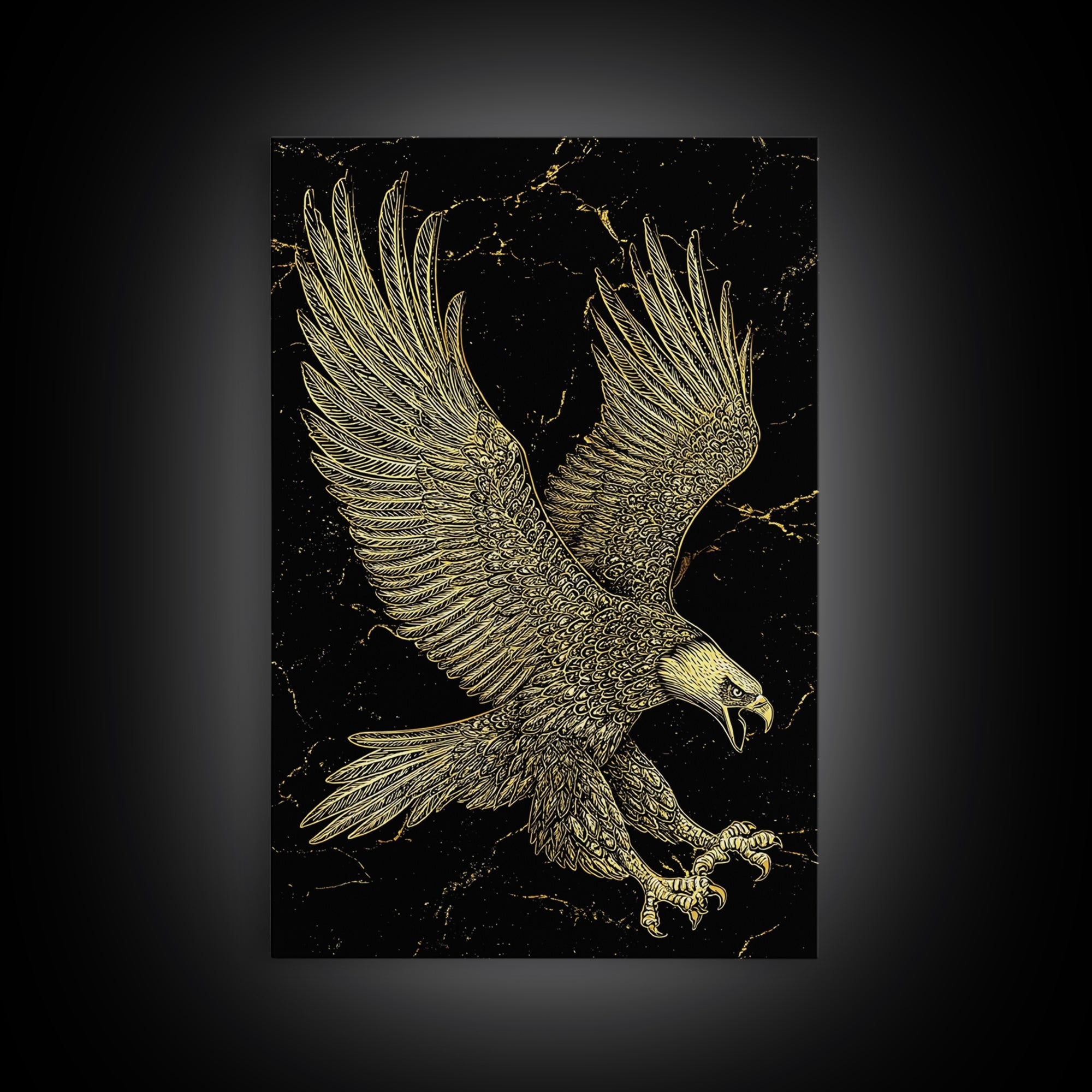 Detailed Golden Eagle with Spread Wings – Canvas Gold Art, Precision Linework Canvas Art in Real Wood Frame, Regal Animal Decor