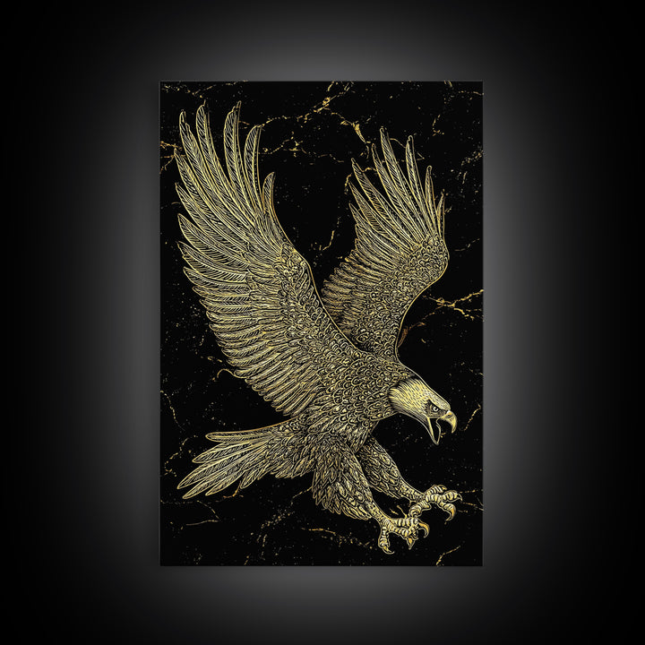 Detailed Golden Eagle with Spread Wings – Canvas Gold Art, Precision Linework Canvas Art in Real Wood Frame, Regal Animal Decor