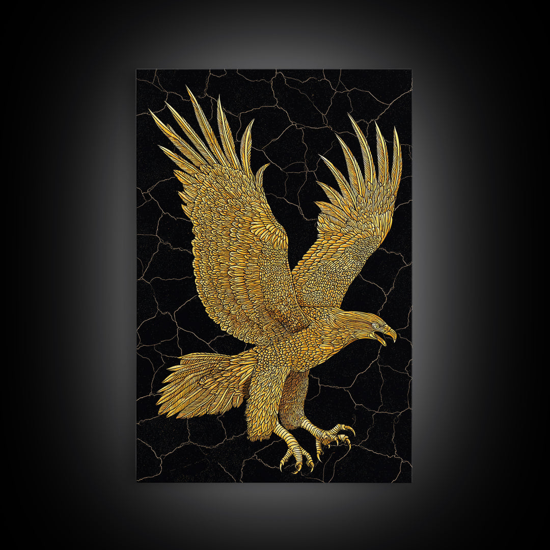 Golden Eagle Canvas Art, Canvas Print in Canvas Gold, Framed Canvas Wall Art with Real Wood Frame, Black Background Luxury Wildlife Decor