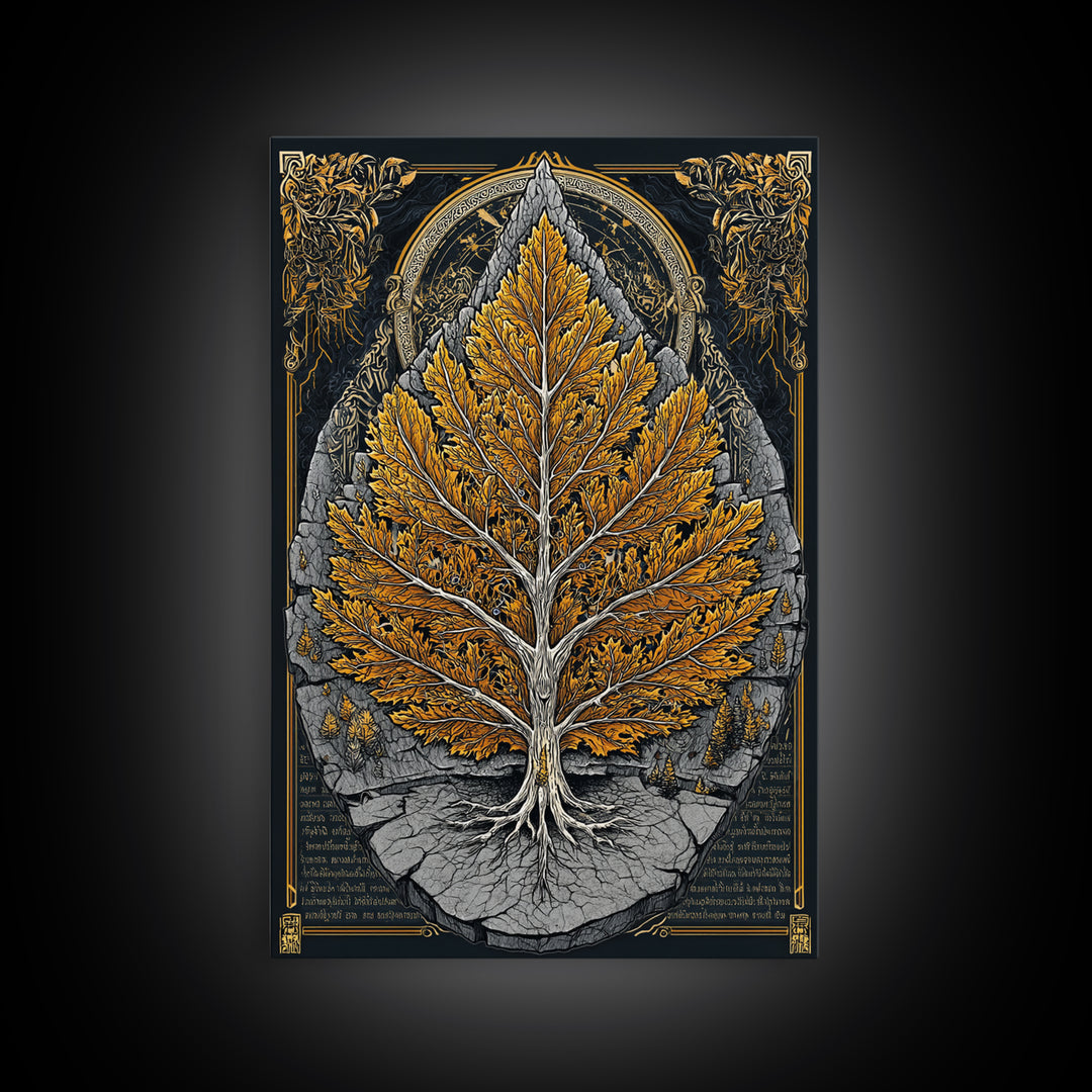 Tree of Life Canvas Art, Canvas Gold Canvas Print, Framed Canvas Wall Art with Real Wood Frame, Intricate Botanical Statement Decor