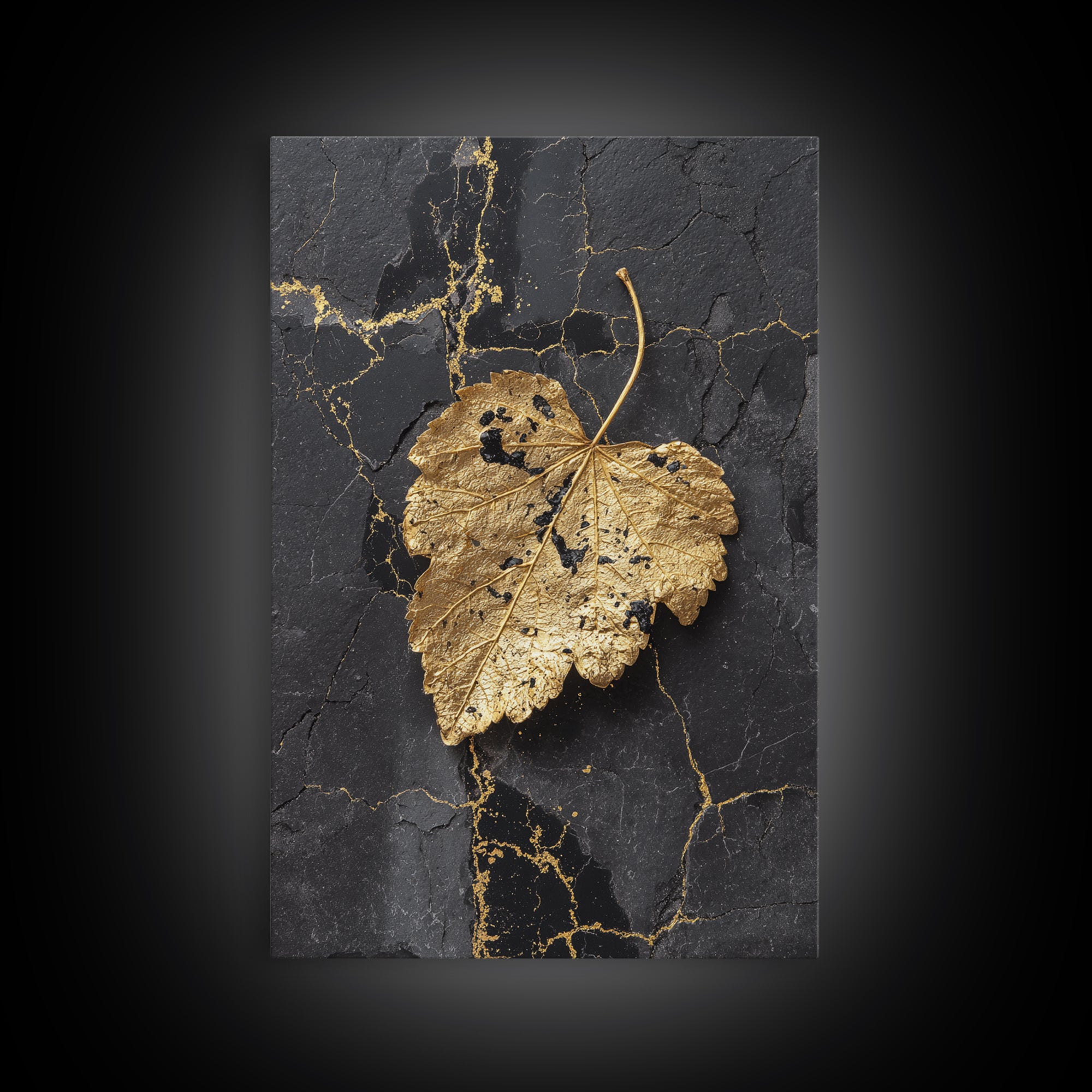 Gold Leaf on Black Marble Canvas Art, Canvas Gold Canvas Print, Framed Canvas Wall Art with Real Wood Frame, Minimalist Modern Decor