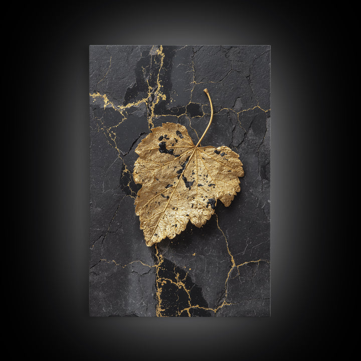 Gold Leaf on Black Marble Canvas Art, Canvas Gold Canvas Print, Framed Canvas Wall Art with Real Wood Frame, Minimalist Modern Decor