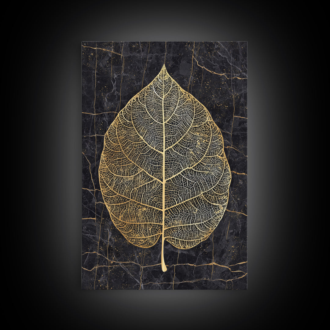 Skeleton Leaf Botanical Canvas Art, Canvas Gold Canvas Print, Framed Canvas Wall Art with Real Wood Frame, Black Marble Nature Decor