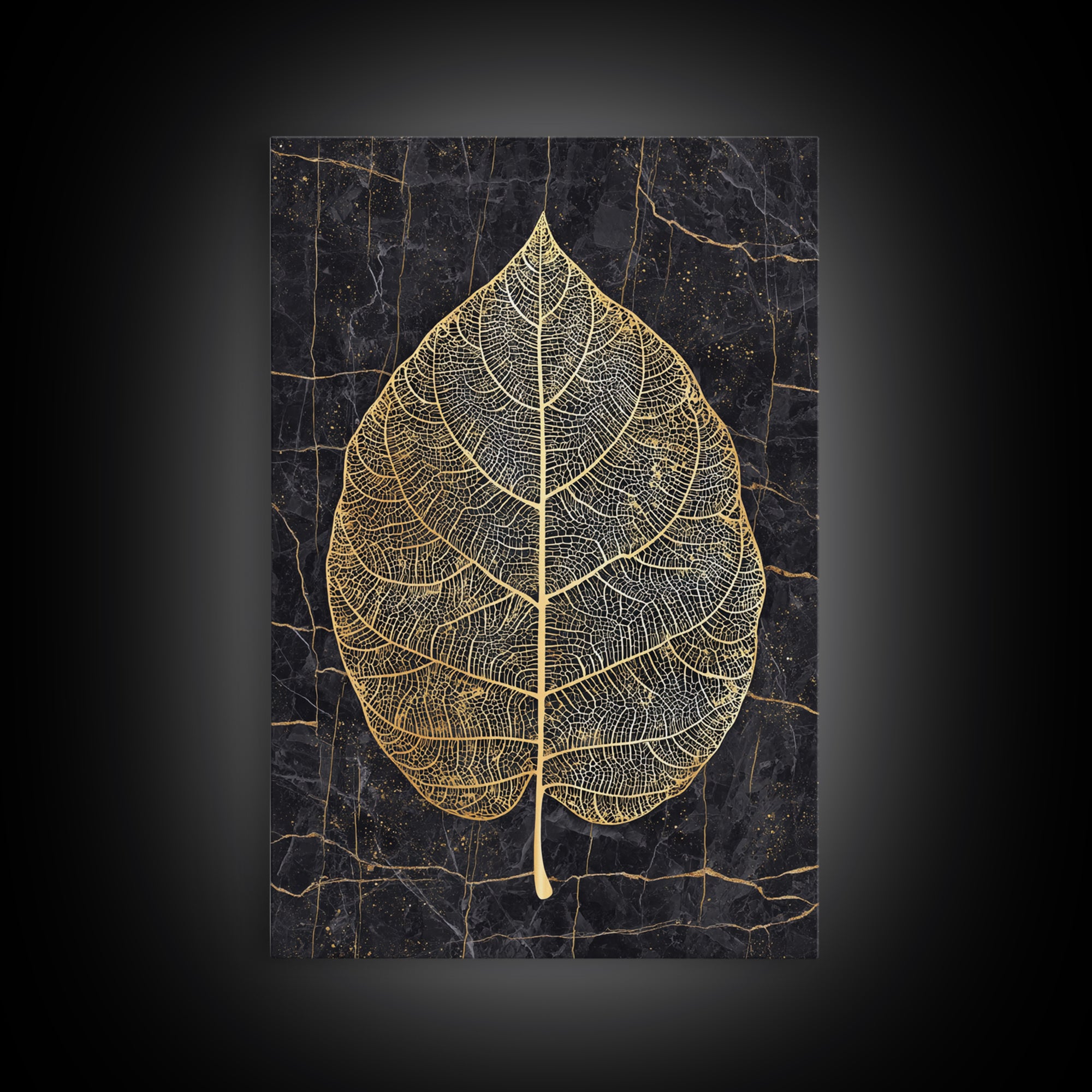 Skeleton Leaf Botanical Canvas Art, Canvas Gold Canvas Print, Framed Canvas Wall Art with Real Wood Frame, Black Marble Nature Decor