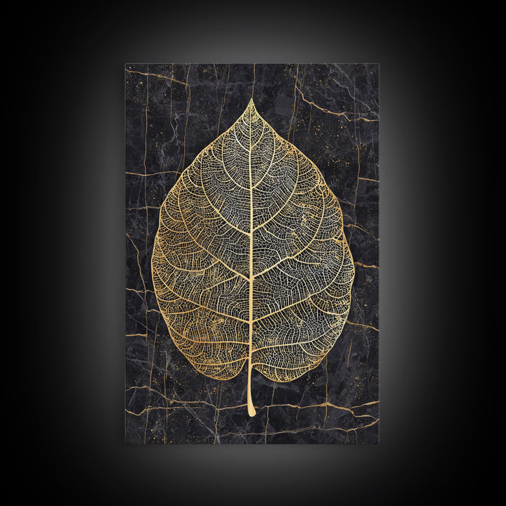 Skeleton Leaf Botanical Canvas Art, Canvas Gold Canvas Print, Framed Canvas Wall Art with Real Wood Frame, Black Marble Nature Decor