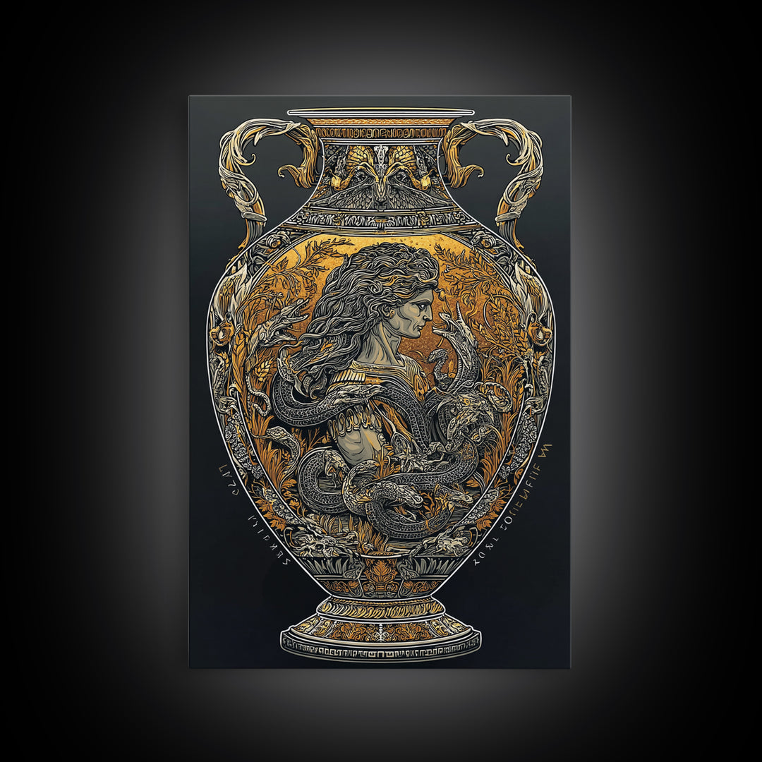 Medusa Greek Vase Canvas Art, Canvas Gold Canvas Print, Framed Canvas Wall Art with Real Wood Frame, Mythology Classical Decor