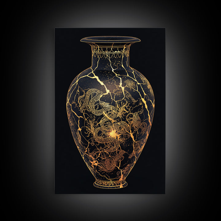 Kintsugi Serpent Vase Canvas Art, Canvas Gold Canvas Print, Framed Canvas Wall Art with Real Wood Frame, Celestial Night Sky Decor