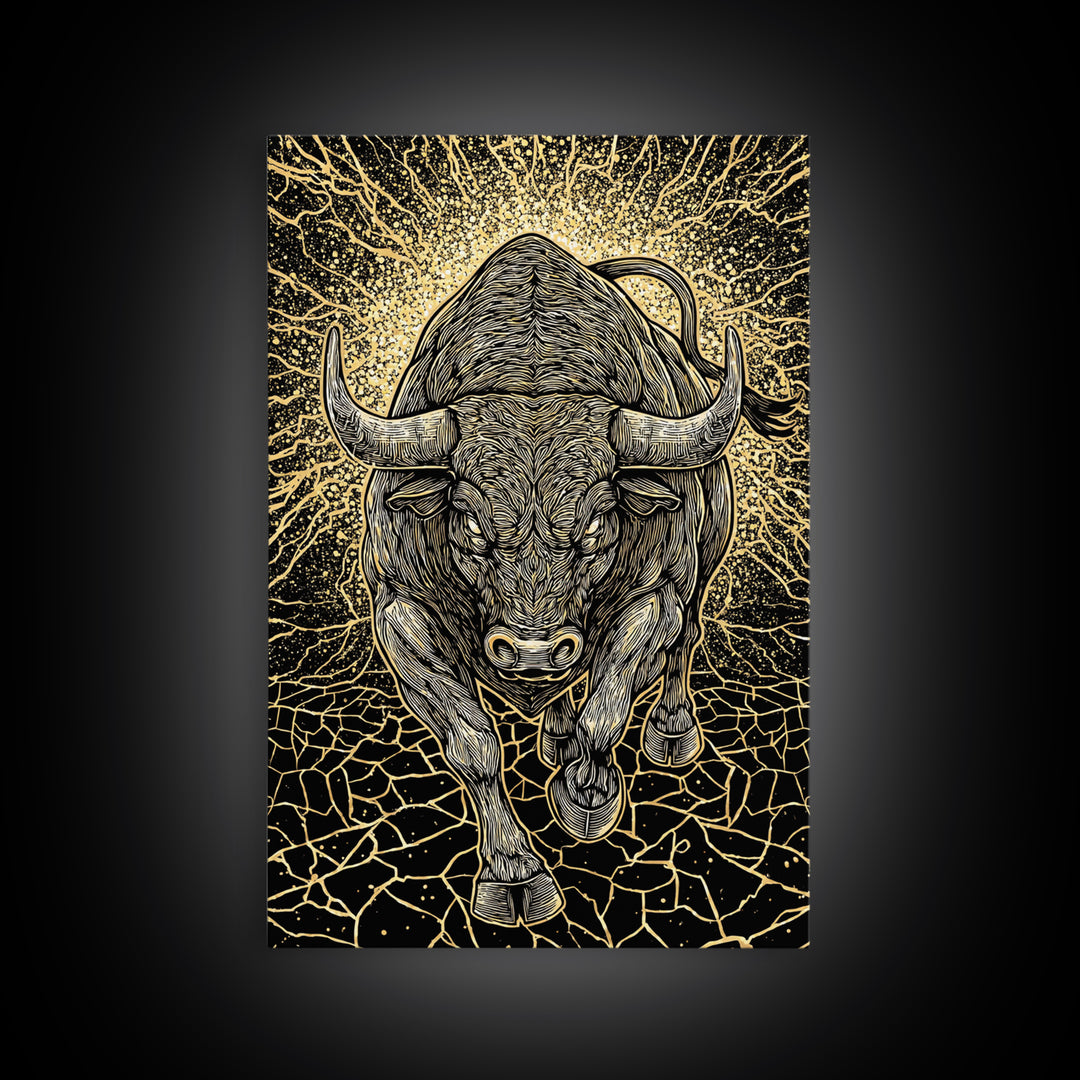 Charging Bull Canvas Art, Canvas Gold Canvas Print, Framed Canvas Wall Art with Real Wood Frame, Powerful Animal Gallery Decor