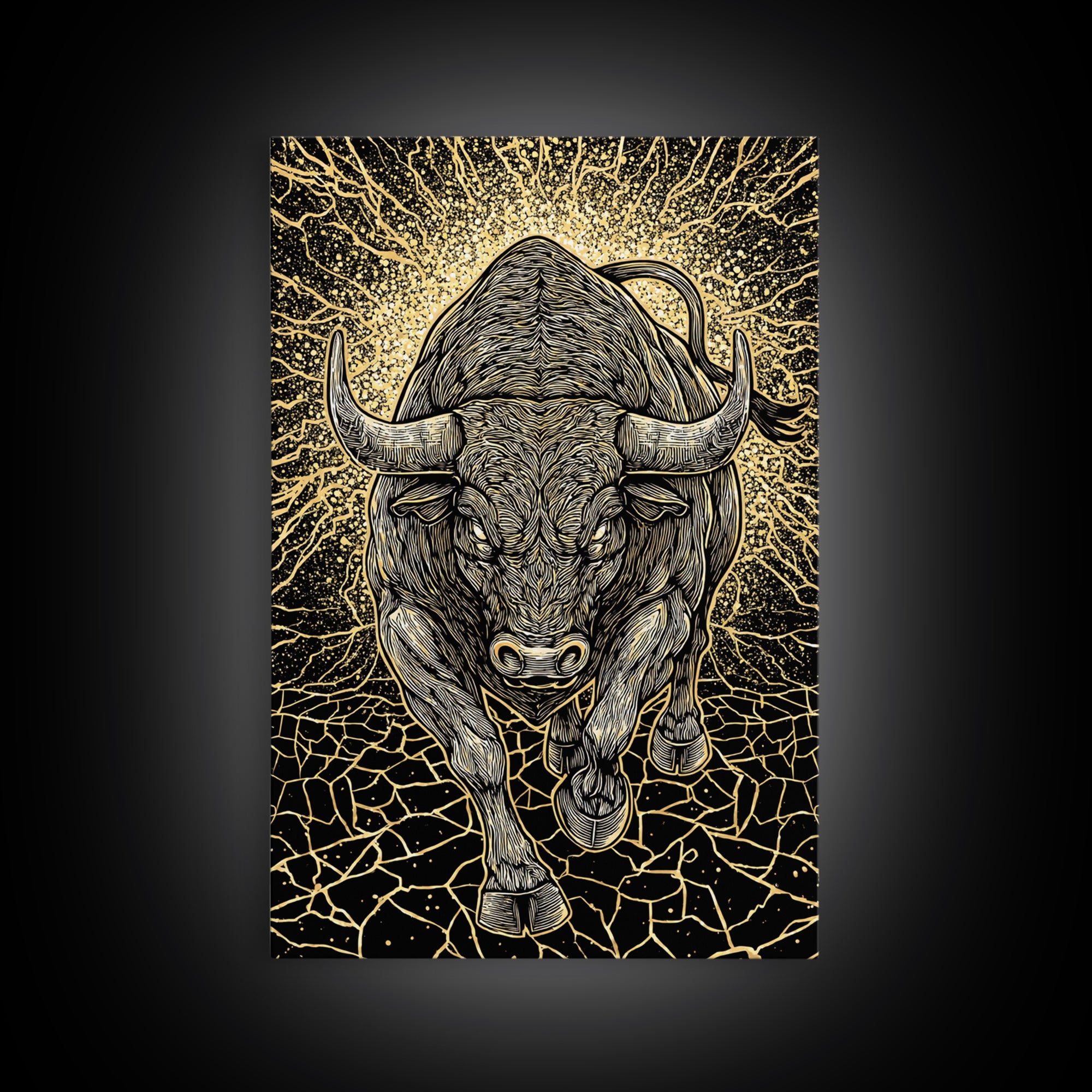 Charging Bull Canvas Art, Canvas Gold Canvas Print, Framed Canvas Wall Art with Real Wood Frame, Powerful Animal Gallery Decor