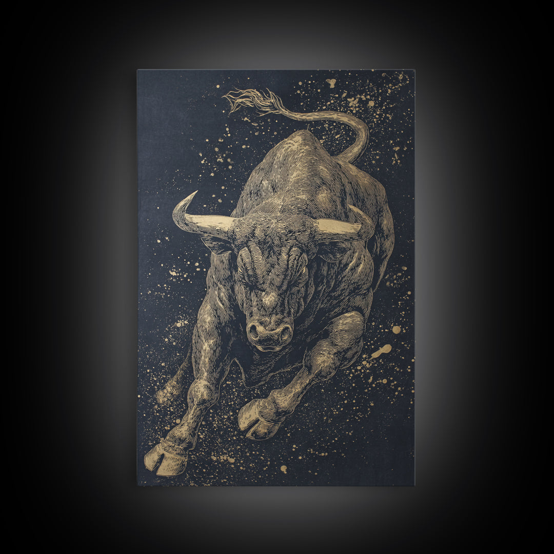 Leaping Bull Canvas Art, Canvas Gold Canvas Print, Framed Canvas Wall Art with Real Wood Frame, Dynamic Animal Modern Decor