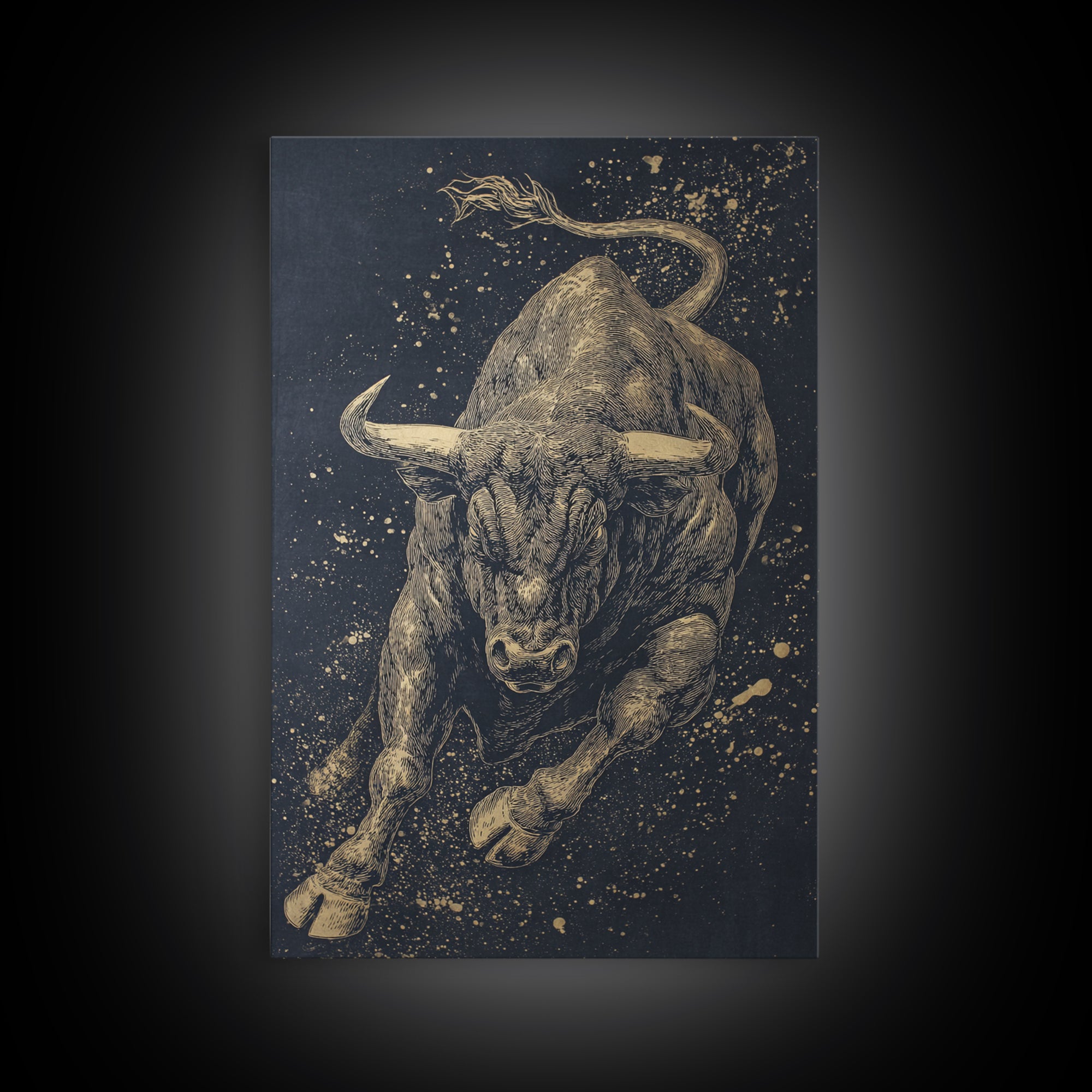 Leaping Bull Canvas Art, Canvas Gold Canvas Print, Framed Canvas Wall Art with Real Wood Frame, Dynamic Animal Modern Decor