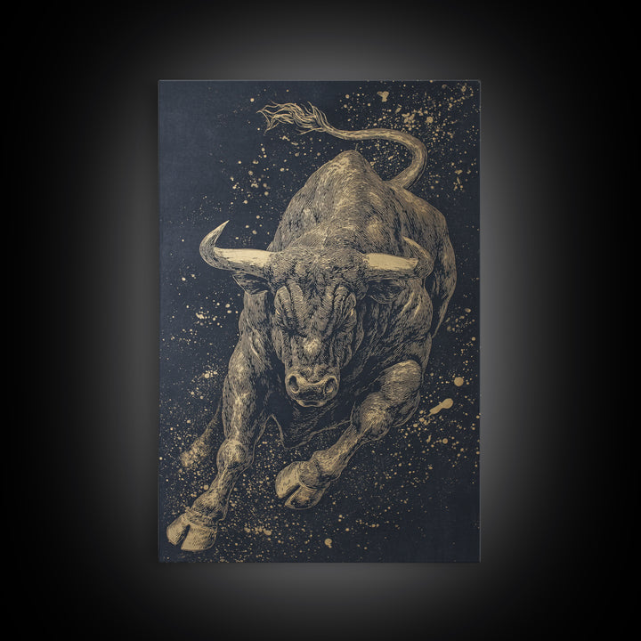 Leaping Bull Canvas Art, Canvas Gold Canvas Print, Framed Canvas Wall Art with Real Wood Frame, Dynamic Animal Modern Decor