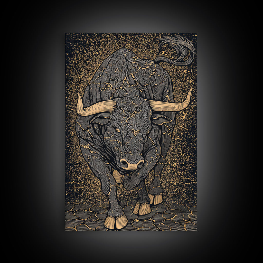 Cracked Stone Bull Canvas Art, Canvas Gold Canvas Print, Framed Canvas Wall Art with Real Wood Frame, Textured Cosmic Decor