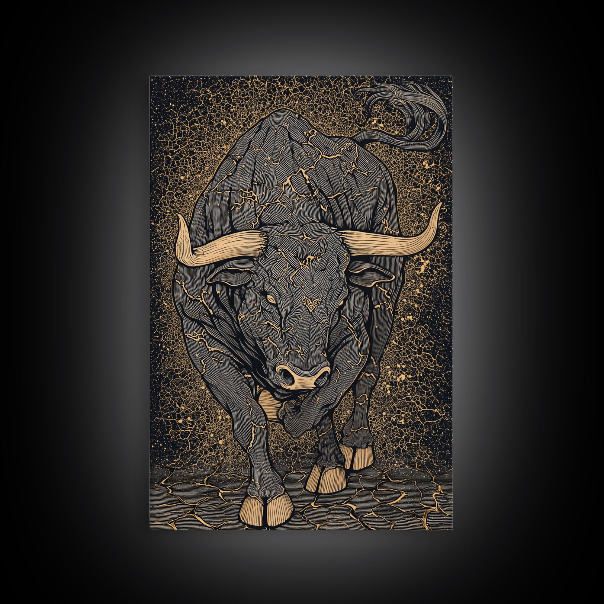 Cracked Stone Bull Canvas Art, Canvas Gold Canvas Print, Framed Canvas Wall Art with Real Wood Frame, Textured Cosmic Decor