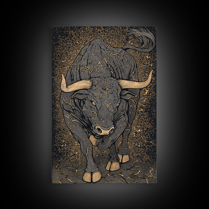 Cracked Stone Bull Canvas Art, Canvas Gold Canvas Print, Framed Canvas Wall Art with Real Wood Frame, Textured Cosmic Decor