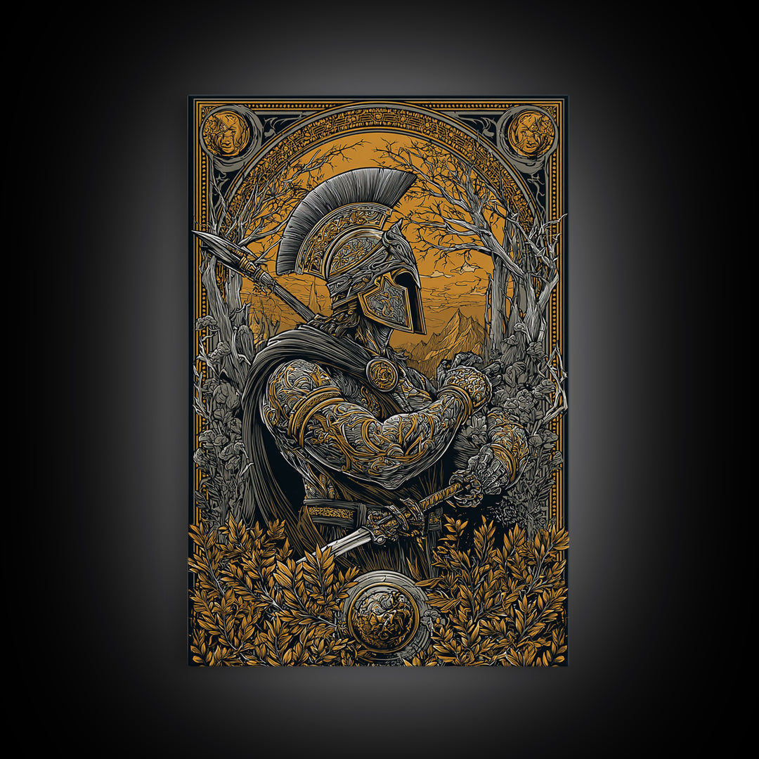Spartan Soldier in Ornate Armor with Spear – Canvas Gold Art, Intricate Canvas Art Print, Classical Greece Wall Hanging