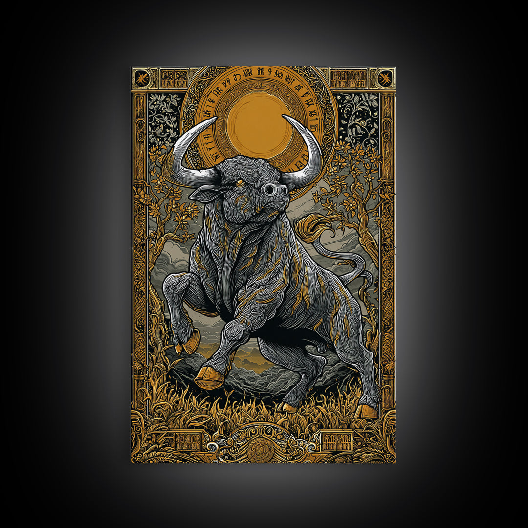 Taurus Zodiac Bull Canvas Art, Canvas Gold Canvas Print, Framed Canvas Wall Art with Real Wood Frame, Ornate Mythic Gallery Decor