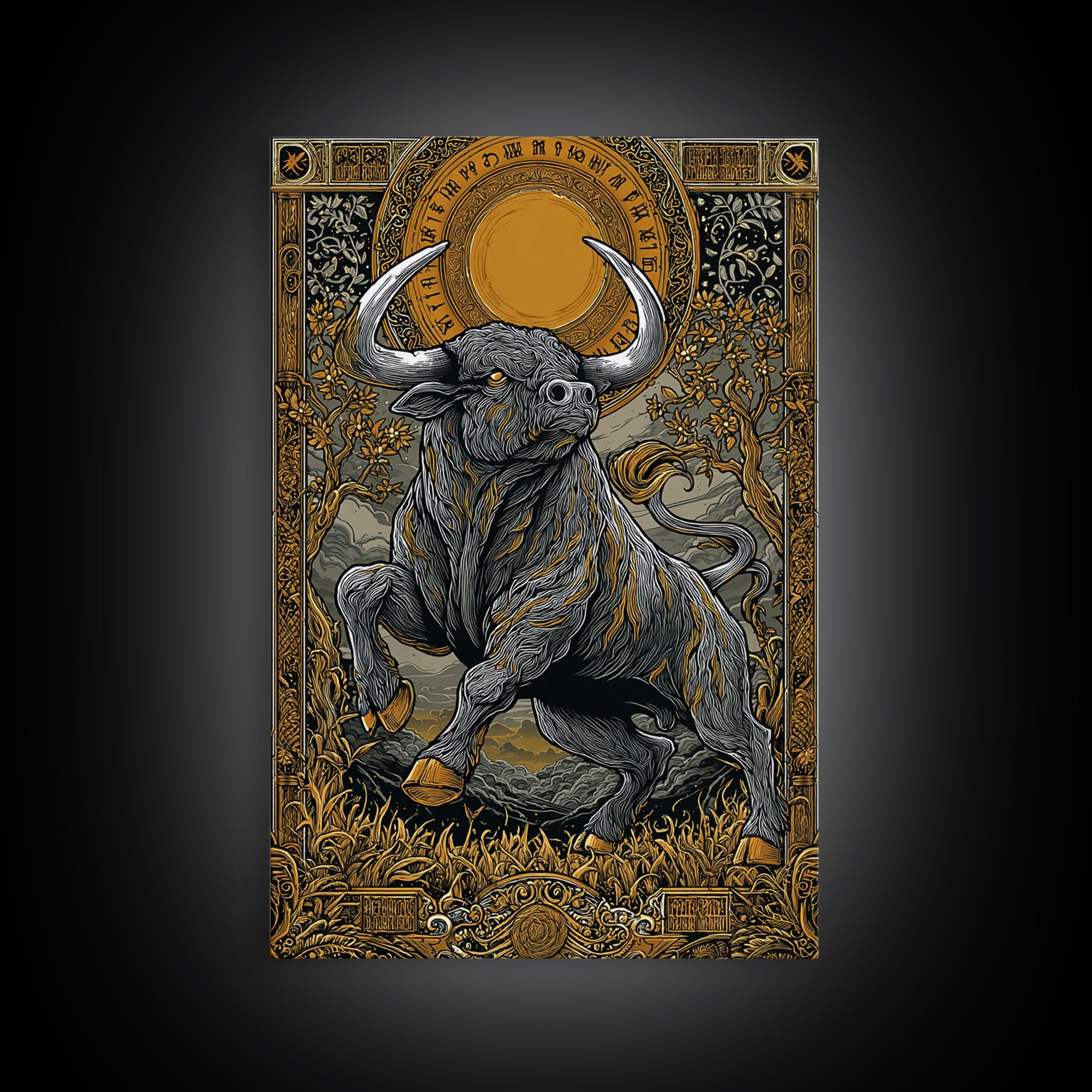 Taurus Zodiac Bull Canvas Art, Canvas Gold Canvas Print, Framed Canvas Wall Art with Real Wood Frame, Ornate Mythic Gallery Decor