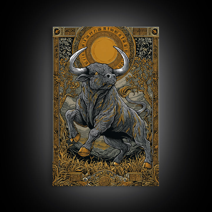 Taurus Zodiac Bull Canvas Art, Canvas Gold Canvas Print, Framed Canvas Wall Art with Real Wood Frame, Ornate Mythic Gallery Decor