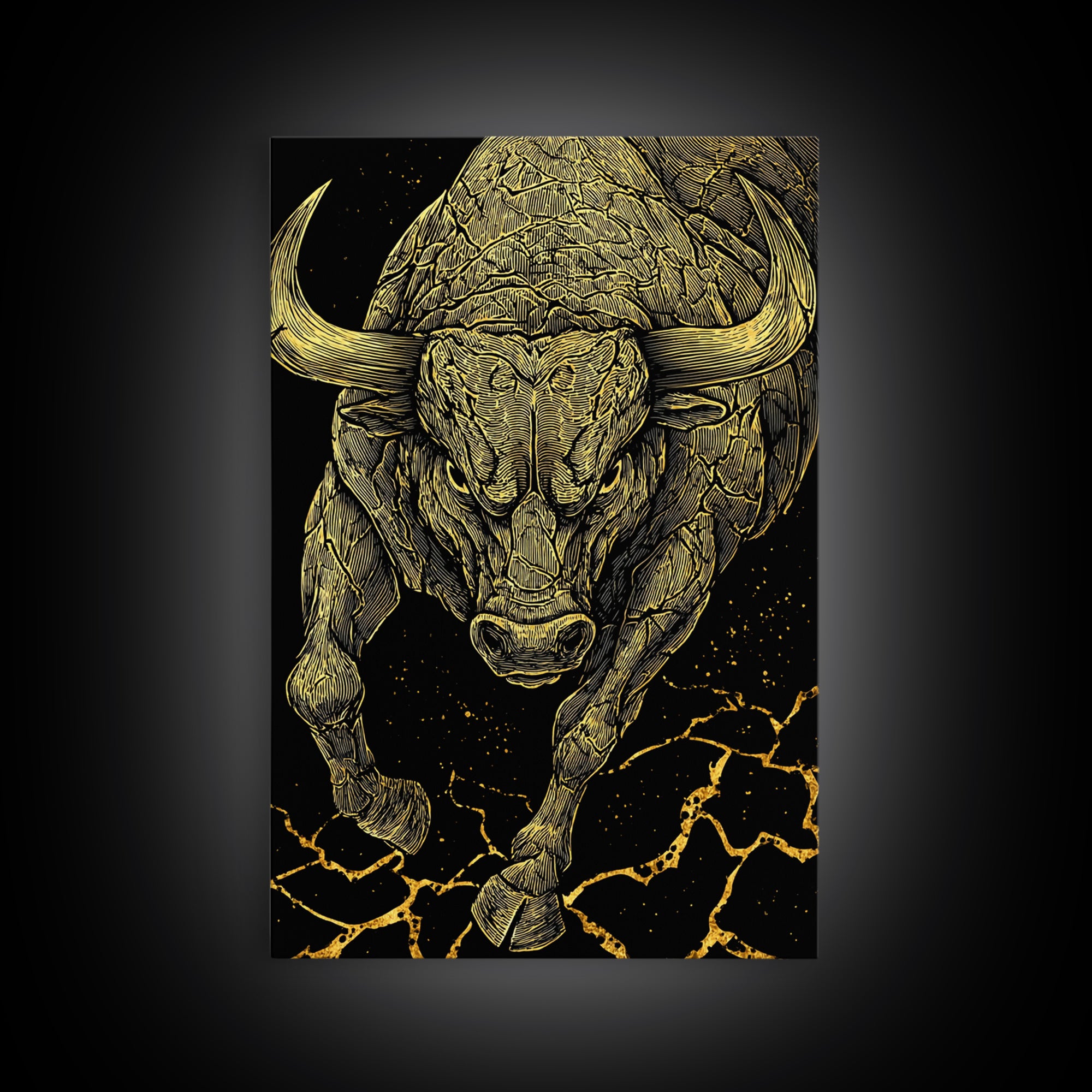 Charging Bull Canvas Gold Canvas Print, Framed Canvas Wall Art with Real Wood Frame, Dynamic Black and Gold Animal Decor