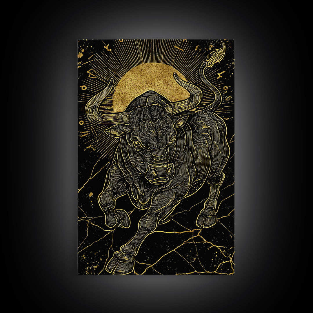 Taurus Bull Canvas Gold Canvas Print, Framed Canvas Wall Art with Real Wood Frame, Zodiac Sun Disc Black and Gold Gallery Decor