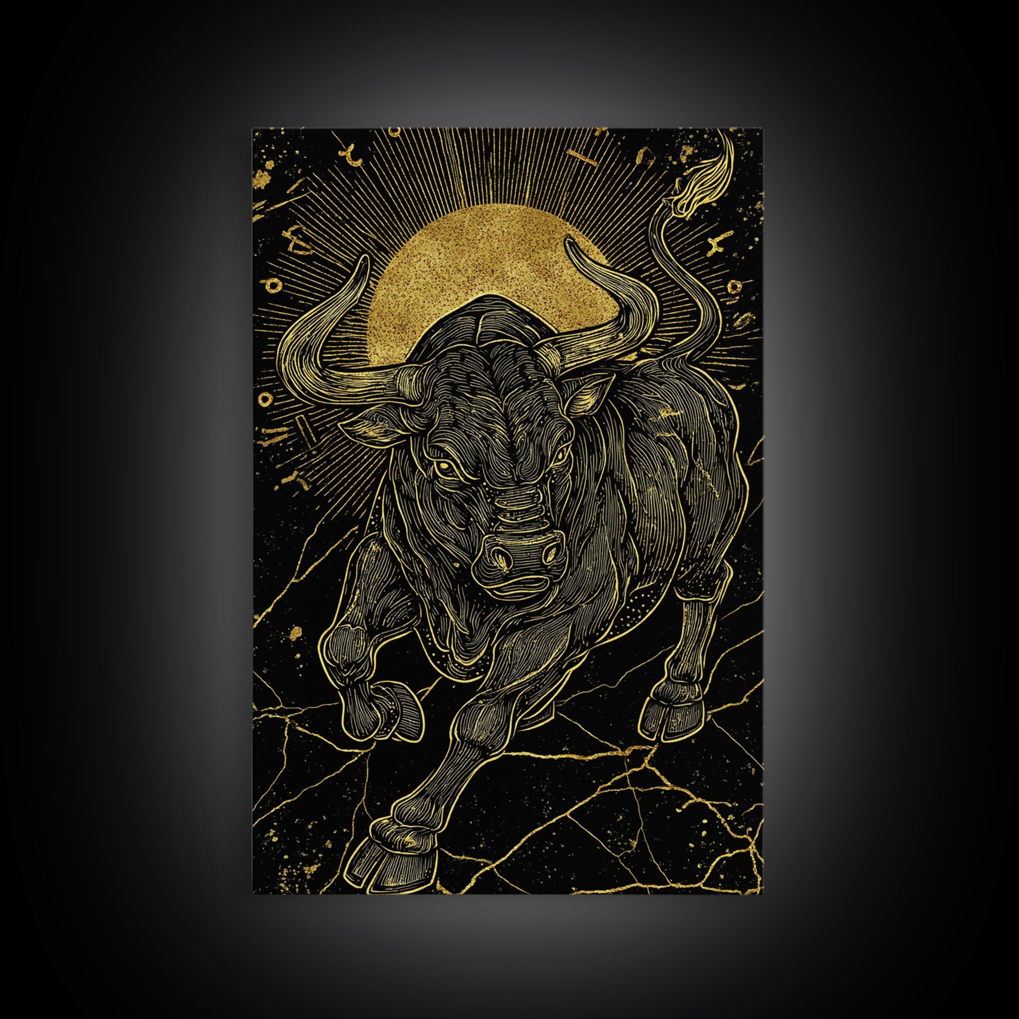 Taurus Bull Canvas Gold Canvas Print, Framed Canvas Wall Art with Real Wood Frame, Zodiac Sun Disc Black and Gold Gallery Decor