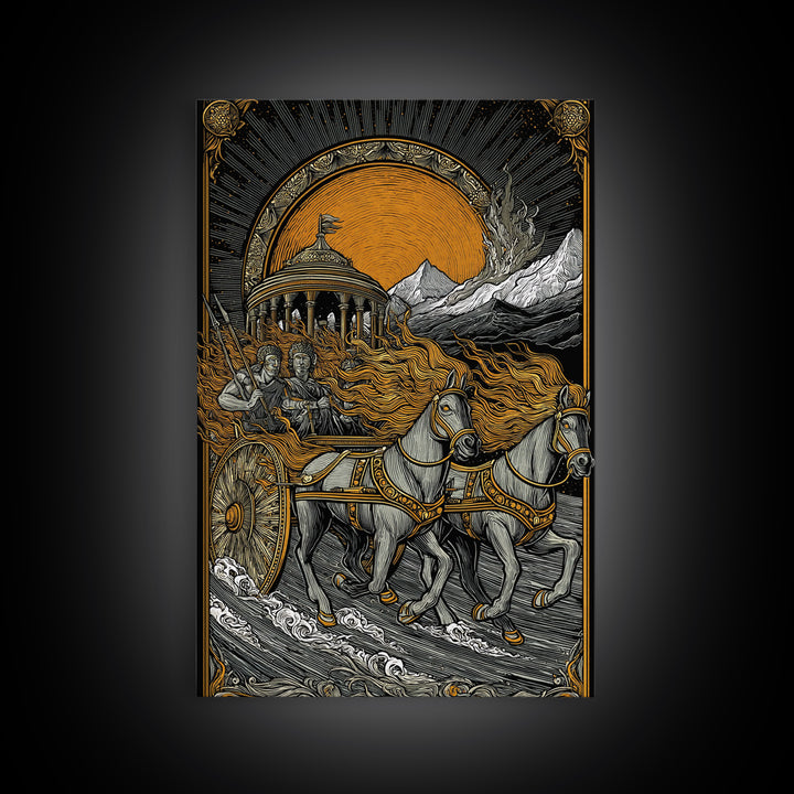 Sun Chariot Canvas Gold Canvas Print, Framed Canvas Wall Art with Real Wood Frame, Greek Myth Apollo Helios Horses Statement Decor