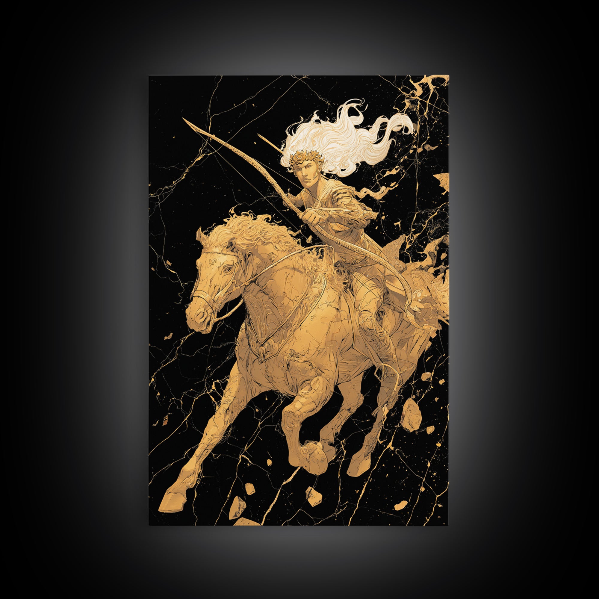 Huntress on Horse Canvas Gold Canvas Print, Framed Canvas Wall Art with Real Wood Frame, Warrior Goddess Archer Black Gold Decor