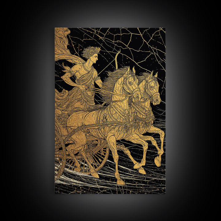 Apollo Sun Chariot Canvas Gold Canvas Print, Framed Canvas Wall Art with Real Wood Frame, Classical Greek God Horses Wall Decor