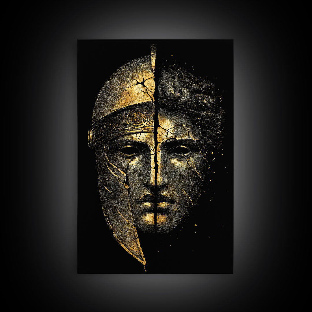 Ancient Warrior Mask Canvas Gold Canvas Print, Framed Canvas Wall Art with Real Wood Frame, Greek Helmet Cracked Kintsugi Decor