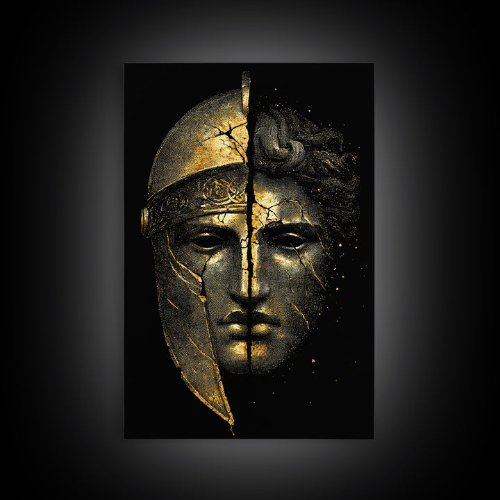 Ancient Warrior Mask Canvas Gold Canvas Print, Framed Canvas Wall Art with Real Wood Frame, Greek Helmet Cracked Kintsugi Decor