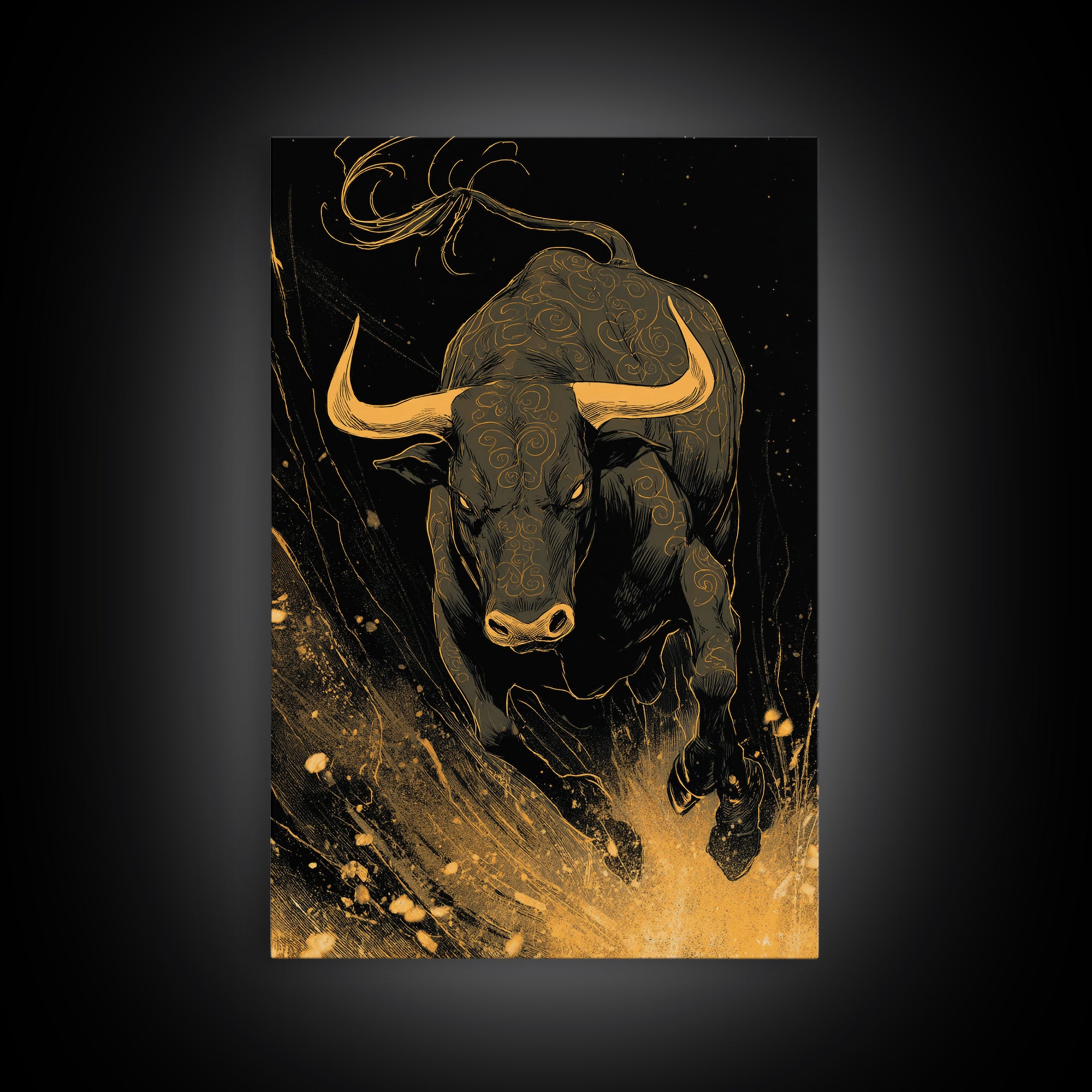 Bull Splash Canvas Gold Canvas Print, Framed Canvas Wall Art with Real Wood Frame, Powerful Charging Animal Black Gold Decor